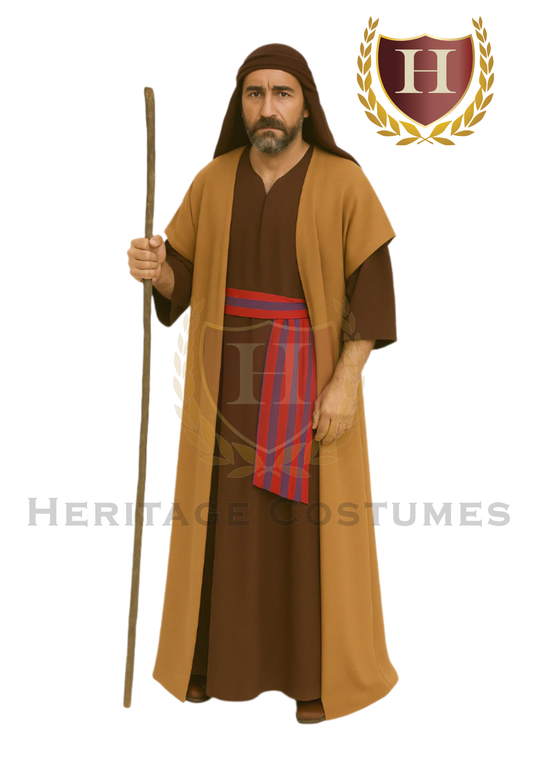 Apostle costume in gold and brown tones featuring a long robe with layered draping and a matching sash, designed for biblical reenactments, church plays, or religious-themed performances.
