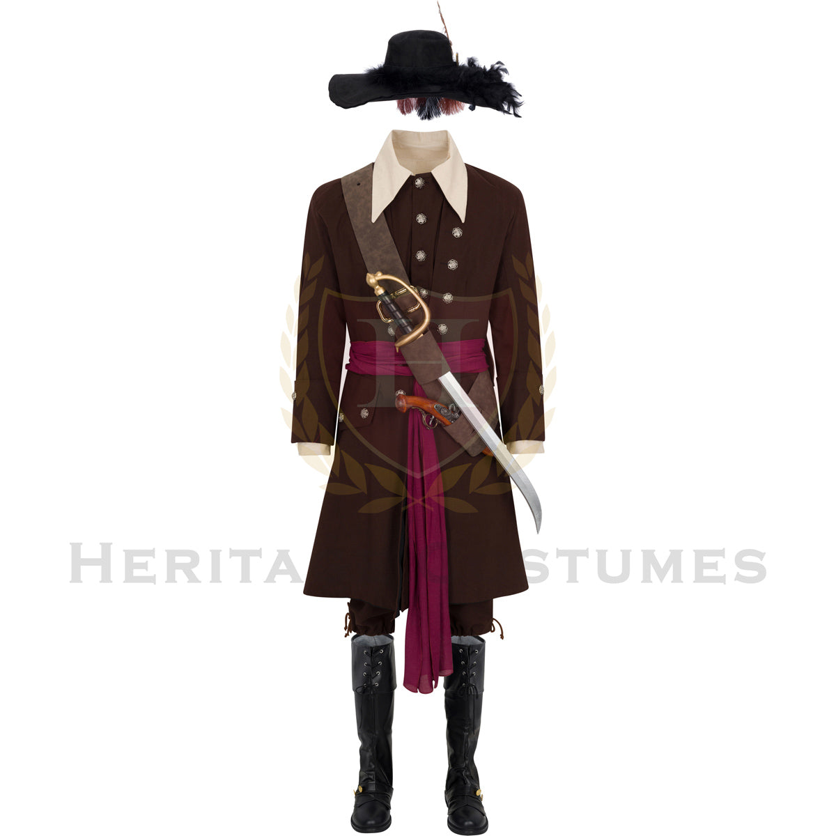 Authentic pirate costume for adults featuring a detailed pirate vest, ruffled shirt, striped pants, sash, and tricorn hat, ideal for Renaissance Faires, pirate festivals, Halloween, and cosplay.