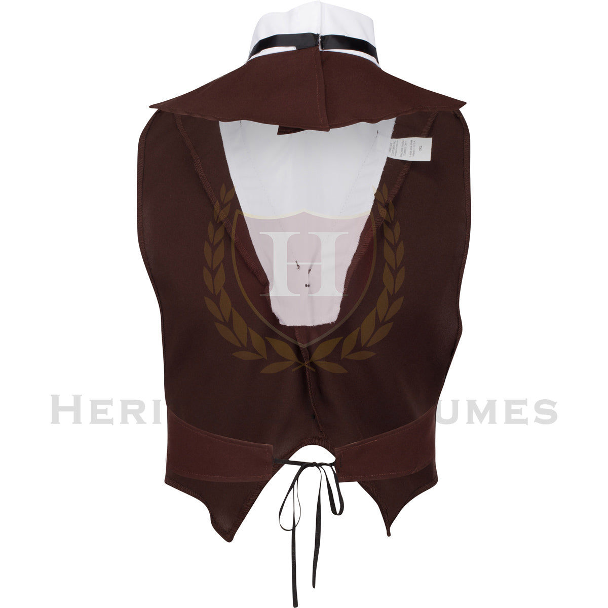 Back view of a brown Victorian vest crafted from gabardine fabric, featuring an attached wing-tip shirt front and a classic black ribbon tie. Ideal for Dickensian characters like Bob Cratchit, Victorian gentlemen, and historical reenactments.