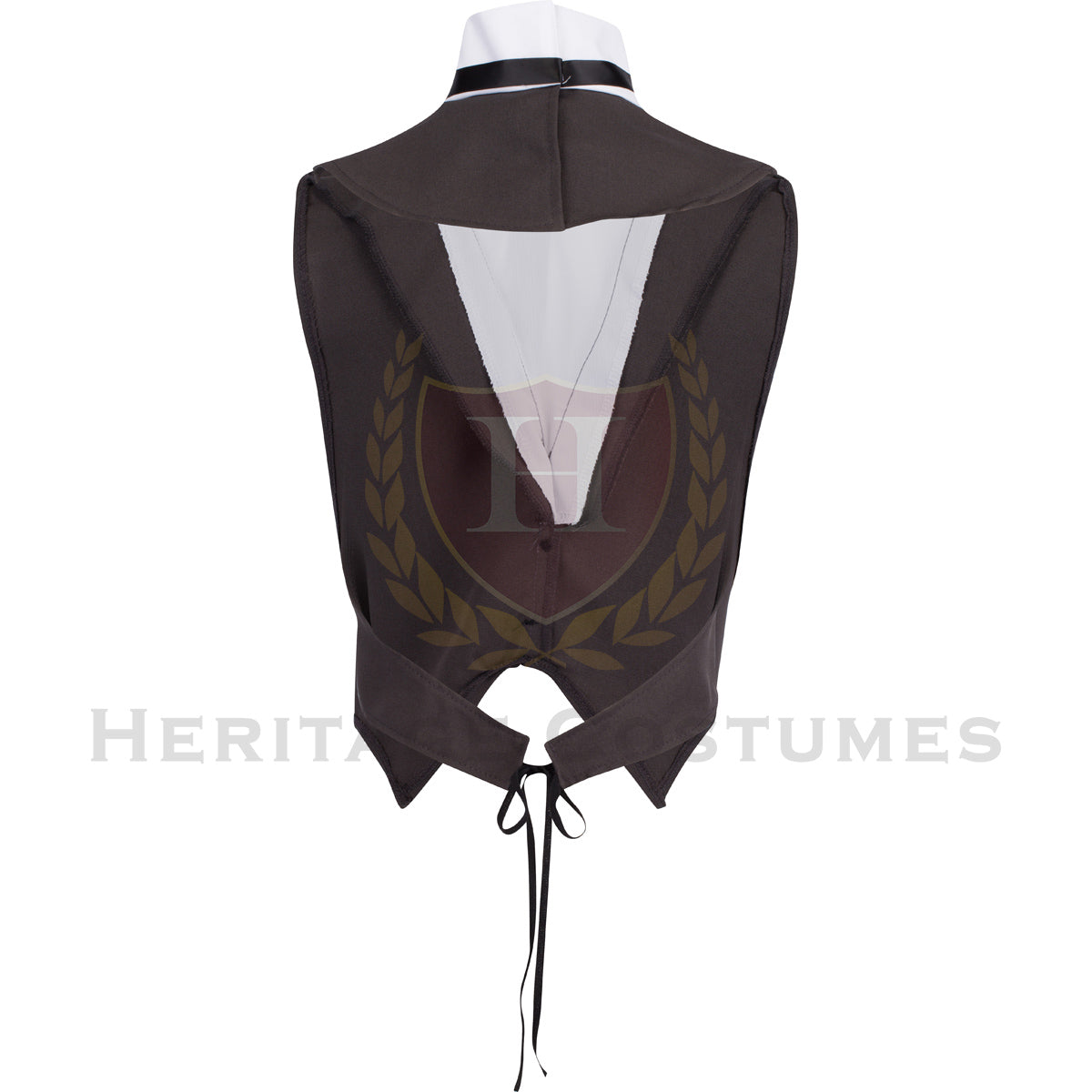 Back view of a charcoal Victorian vest made from gabardine fabric, featuring an attached wing-tip shirt front and a classic black ribbon tie. Perfect for historical figures like Abraham Lincoln, Ebenezer Scrooge, and Victorian-era gentlemen.