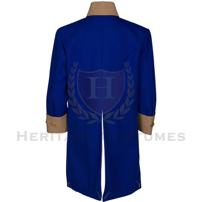 Back view of American Revolutionary War officer's jacket in royal blue with contrasting tan lapels and removable gold buttons. Inspired by Continental Army uniforms from the 18th century. Perfect for historical reenactments and theatrical costumes.