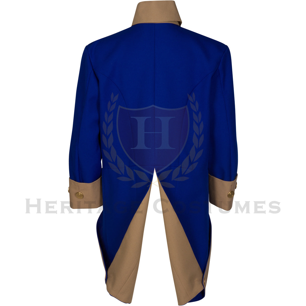 Back view of American Revolutionary War officer's jacket in royal blue with contrasting tan lapels and removable gold buttons. Inspired by Continental Army uniforms from the 18th century. Perfect for historical reenactments and theatrical costumes.