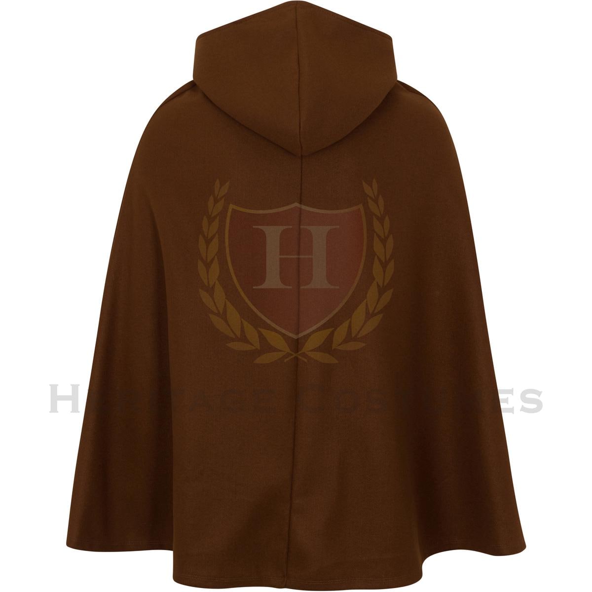 Back view of a brown hooded medieval children’s cloak made from high-quality faux wool polyester fabric. Features a full attached hood, a bell-shaped drape, and a faux pewter brooch closure. Perfect for Renaissance Faires, LARP events, and historical reenactments.