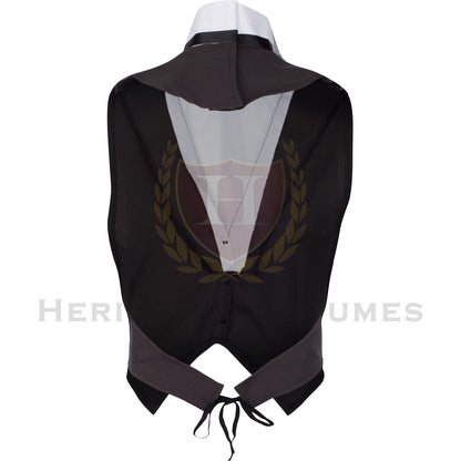Back view of a charcoal grey backless vest/dickey featuring an attached white shirt collar and black string tie. Designed for historical accuracy with an adjustable back tie for a secure fit. Perfect for 19th-century reenactments, Abraham Lincoln costumes, and formal period attire.