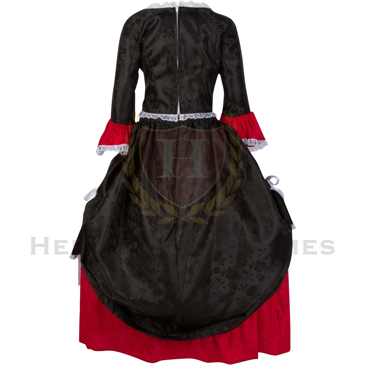 Back view of Children's Mina Harker Victorian Vampire Costume – Elegant black and blood-red velvet Victorian dress with lace-trimmed bell sleeves, inspired by Bram Stoker's Dracula, perfect for gothic and historical reenactments.