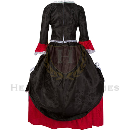 Back view of Children's Mina Harker Victorian Vampire Costume – Elegant black and blood-red velvet Victorian dress with lace-trimmed bell sleeves, inspired by Bram Stoker's Dracula, perfect for gothic and historical reenactments.