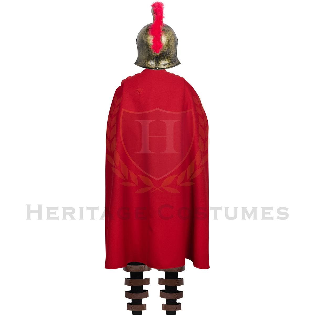 Back view of the Roman Legionary Costume, featuring a traditional tunic, battle cloak, lion-faced helmet, gladius sword, and warrior armor, perfect for historical reenactments, cosplay, and theatrical performances.