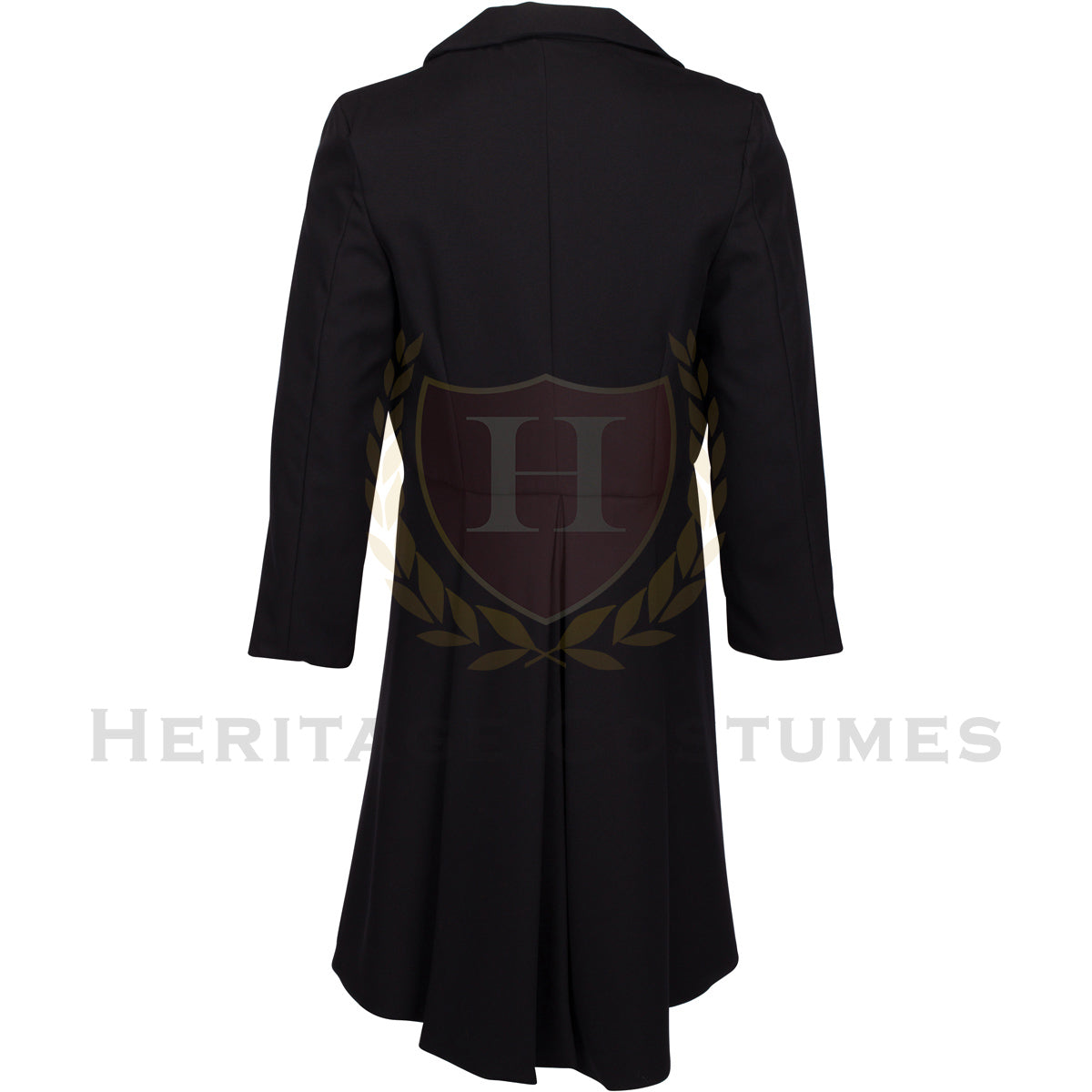 Back view of a black Victorian frock coat featuring a luxurious velvet collar, long tailored design, and period-accurate detailing. Made from polyester gabardine with a poly/cotton lining for durability and comfort. Perfect for historical reenactments, theatrical performances, and 19th-century-inspired costumes.