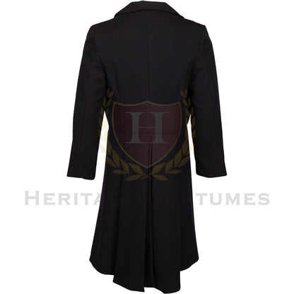 Back view of a black Victorian frock coat featuring a luxurious velvet collar, long tailored design, and period-accurate detailing. Made from polyester gabardine with a poly/cotton lining for durability and comfort. Perfect for historical reenactments, theatrical performances, and 19th-century-inspired costumes.