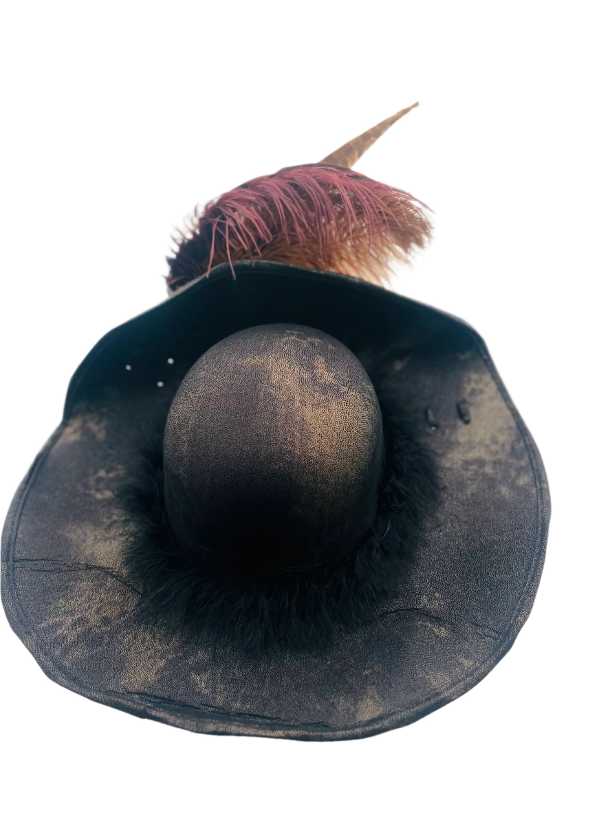 Back view of a flat-front pirate hat made from weathered faux leather, featuring a classic tricorn shape and detailed stitching. Ideal for pirate costumes, cosplay, and themed events.