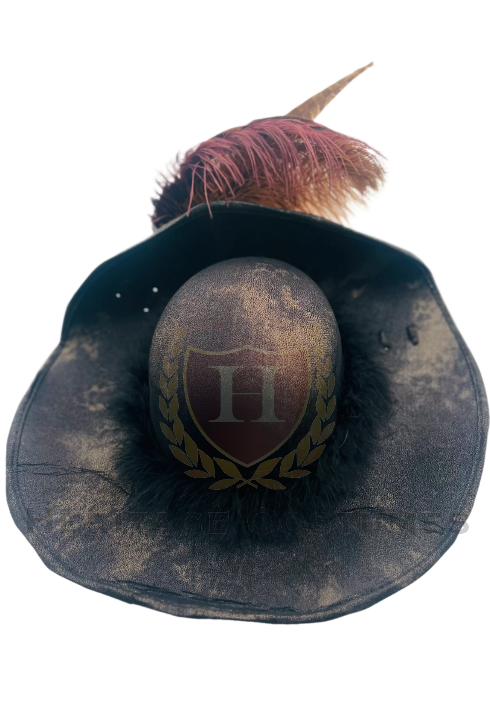 Back view of a flat-front pirate hat made from weathered faux leather, featuring a classic tricorn shape and detailed stitching. Ideal for pirate costumes, cosplay, and themed events.