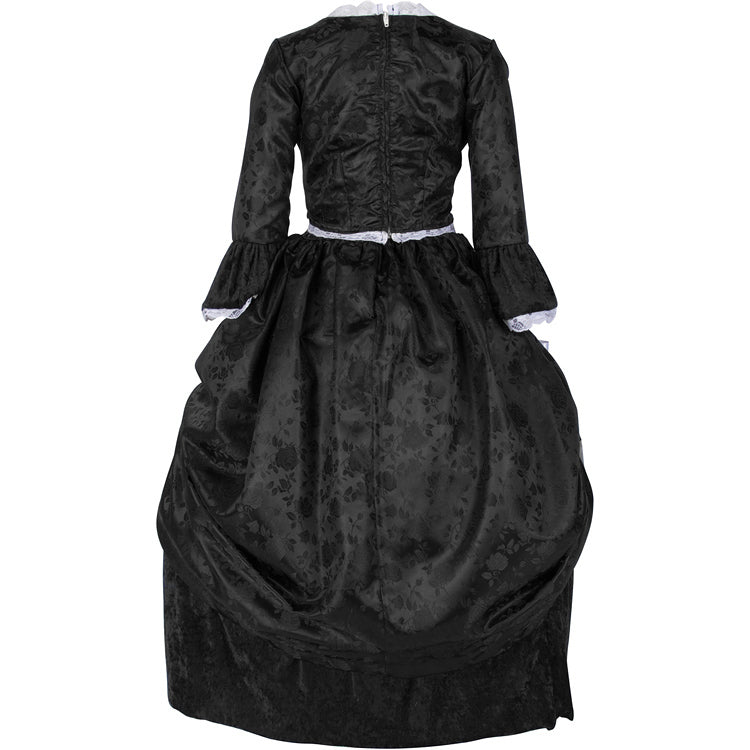 Back view of a black jacquard Mary Todd Lincoln dress featuring a satin polyester two-piece design with lace trim, a broadcloth-lined bodice, and adjustable side panniers. Inspired by 19th-century fashion, perfect for historical reenactments, school plays, and educational events.