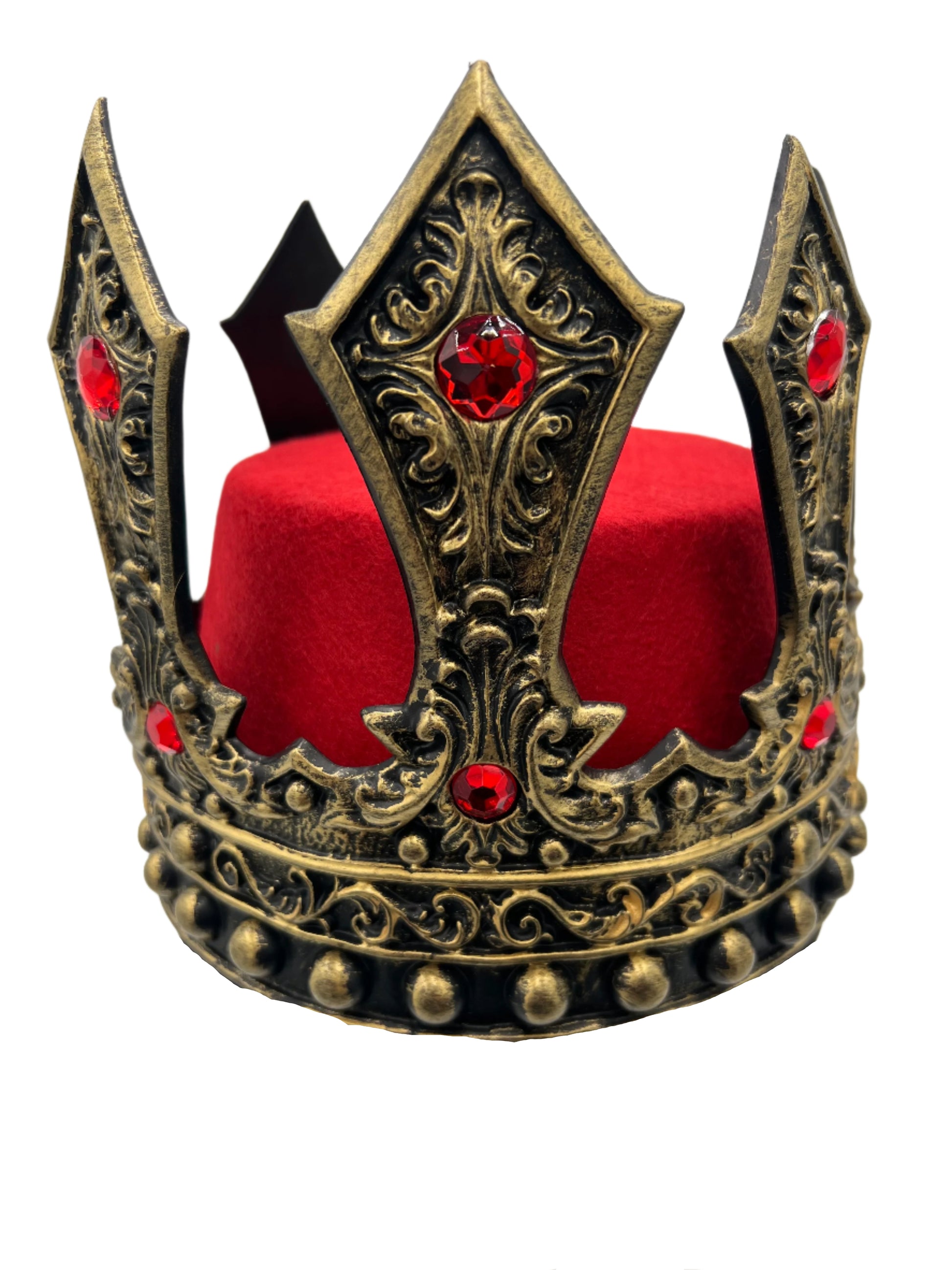 Gold Balthasar king crown with red and green jewel accents, crafted from soft foam with ornate detailing and adjustable fit—perfect for Three Kings costumes and nativity scenes.