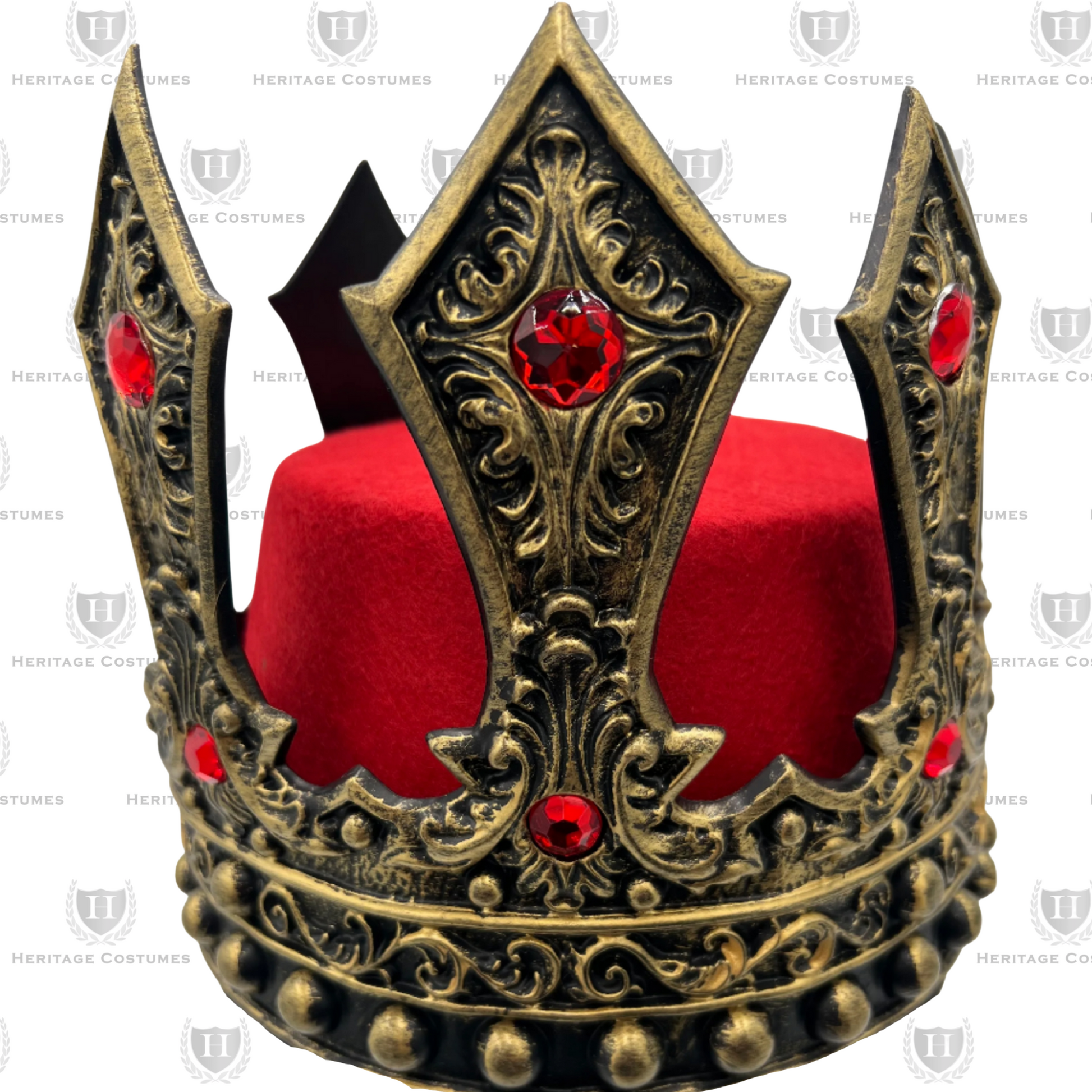 Gold Balthasar king crown with red and green jewel accents, crafted from soft foam with ornate detailing and adjustable fit—perfect for Three Kings costumes and nativity scenes.