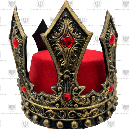 Gold Balthasar king crown with red and green jewel accents, crafted from soft foam with ornate detailing and adjustable fit—perfect for Three Kings costumes and nativity scenes.