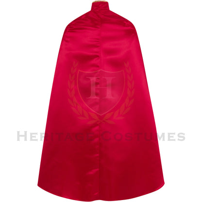 Back view of the Balthazar Three Kings costume featuring a gold satin under robe, red satin cloak with gold trim, and red waist sash.