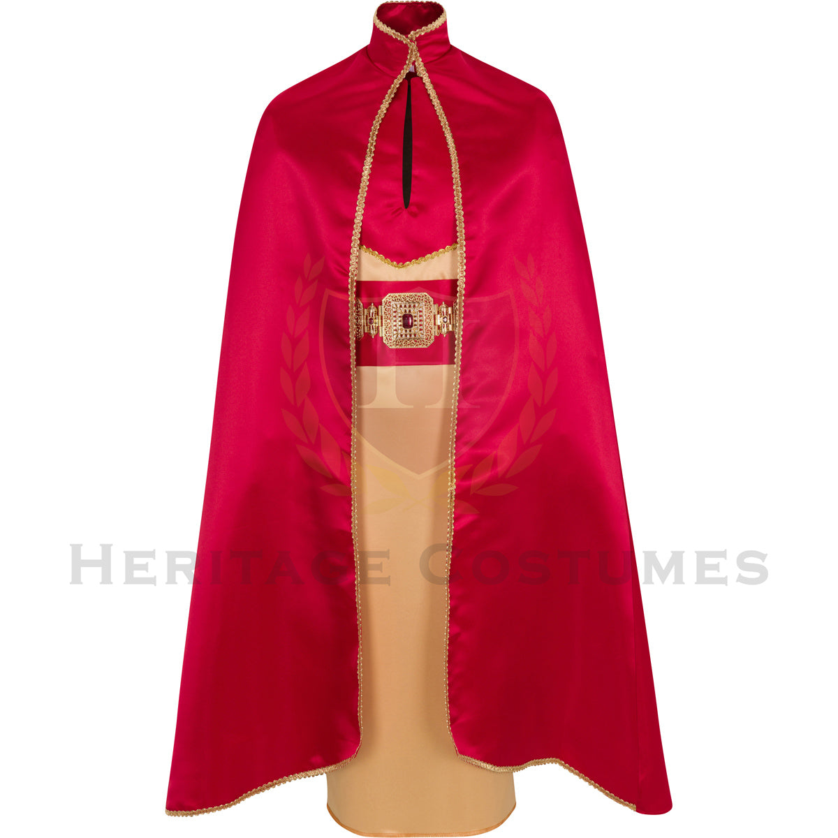 Front view of the Balthazar Three Kings costume featuring a gold satin under robe, red satin cloak with gold trim, and red waist sash.