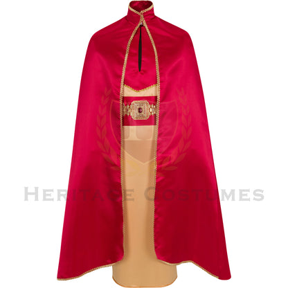Front view of the Balthazar Three Kings costume featuring a gold satin under robe, red satin cloak with gold trim, and red waist sash.