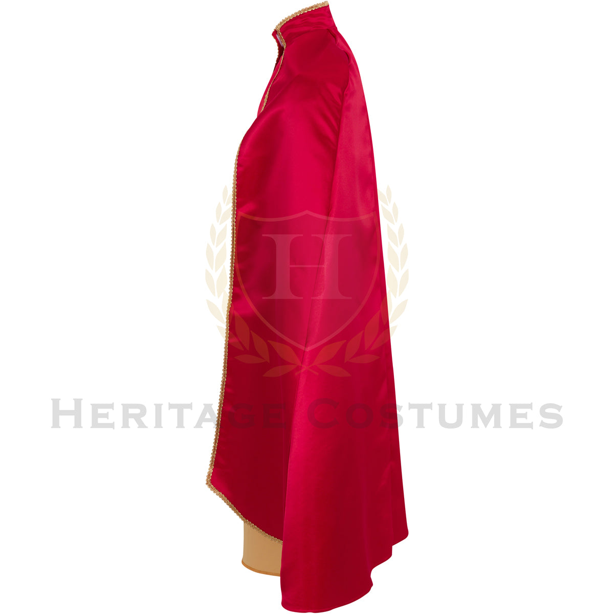 Side view of the Balthazar Three Kings costume featuring a gold satin under robe, red satin cloak with gold trim, and red waist sash.