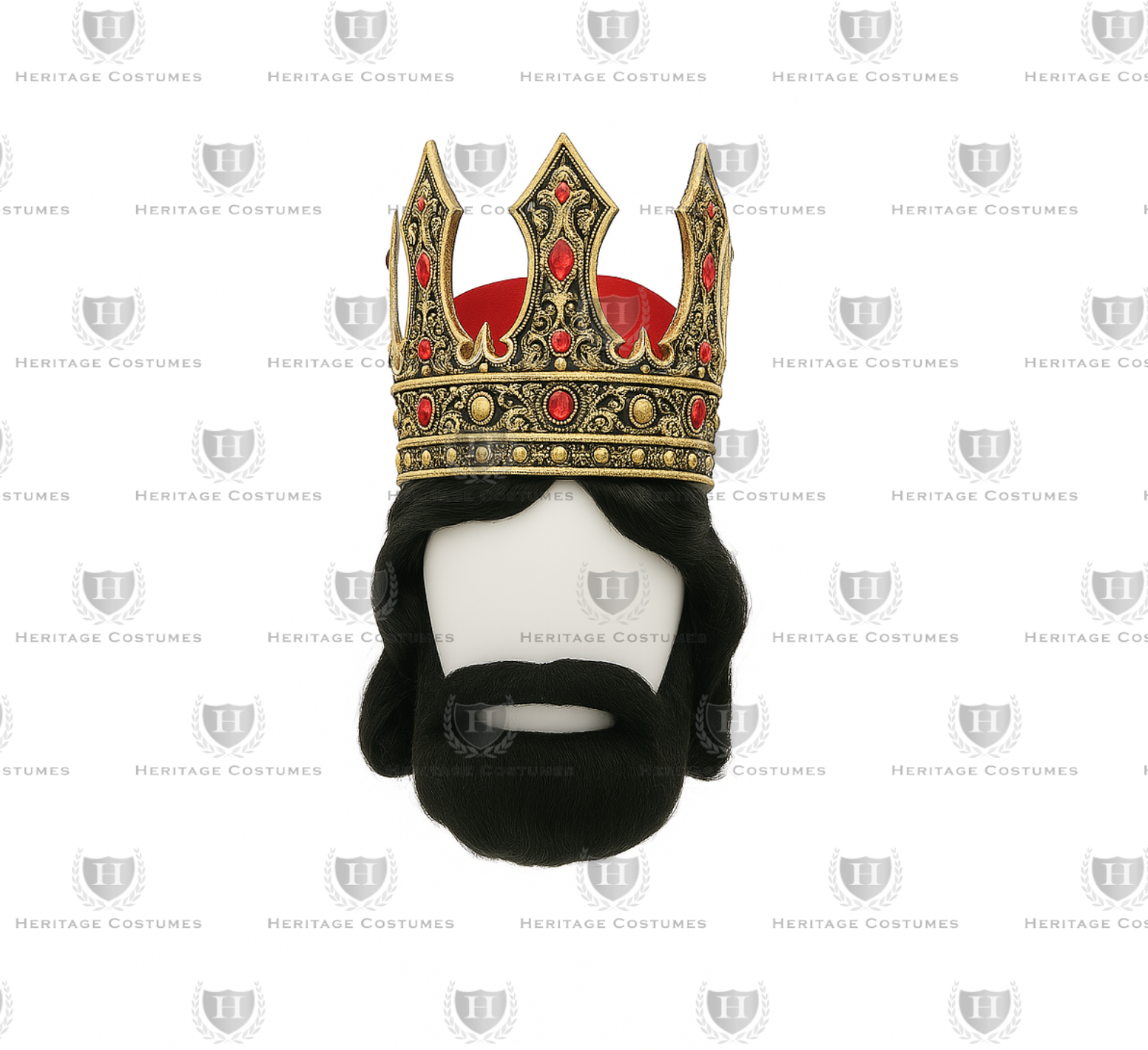 Decorative Balthazar costume crown paired with a black beard and wig set, featuring an antique gold jeweled crown and theatrical-quality hairpieces.