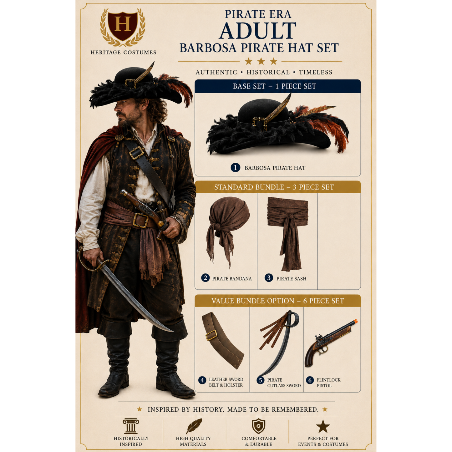 Barbosa Pirate Hat, Swashbuckler Hat, Pirate Captain Hat