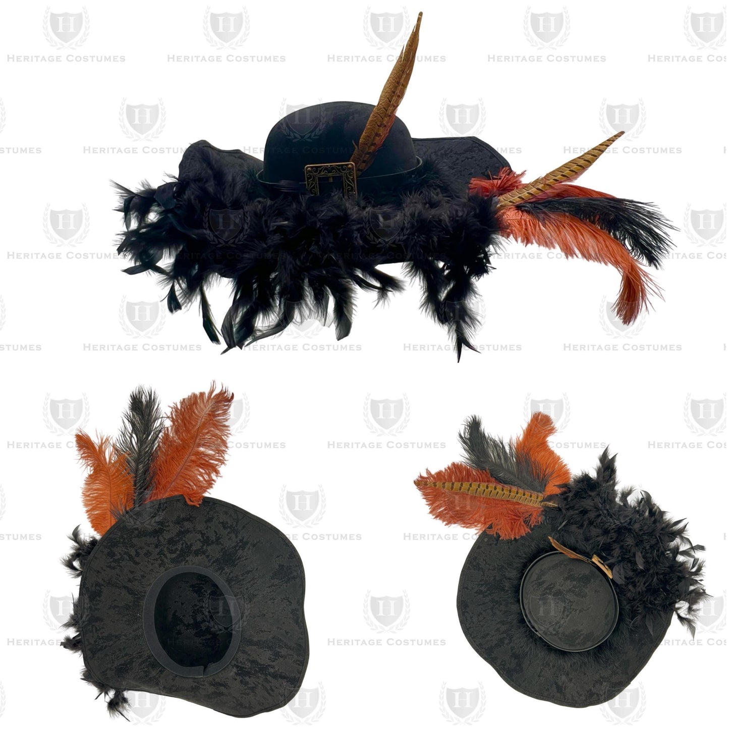 Barbossa pirate hat crafted from suede-like fabric with a flexible, shapeable brim. Features a lavish feather, leather-like band, and brass-finished filigree buckle for an authentic pirate captain look. Perfect for pirate festivals, Renaissance Faires, cosplay, and theatrical performances.