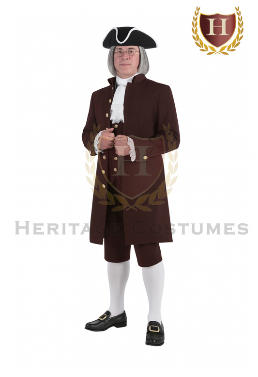Adult Ben Franklin costume modeled in full view, featuring a colonial-style brown coat, tan vest, white cravat, knee-length breeches, white stockings, and black colonial shoes—complete with round spectacles for an authentic historical look.