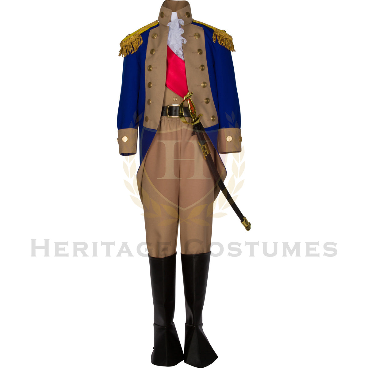Full American Revolutionary War officer's uniform featuring a royal blue frock coat with tan lapels, red vest, and knee-length breeches. Ideal for historical reenactments, educational events, and patriotic performances.