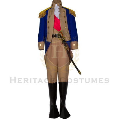 Full American Revolutionary War officer's uniform featuring a royal blue frock coat with tan lapels, red vest, and knee-length breeches. Ideal for historical reenactments, educational events, and patriotic performances.