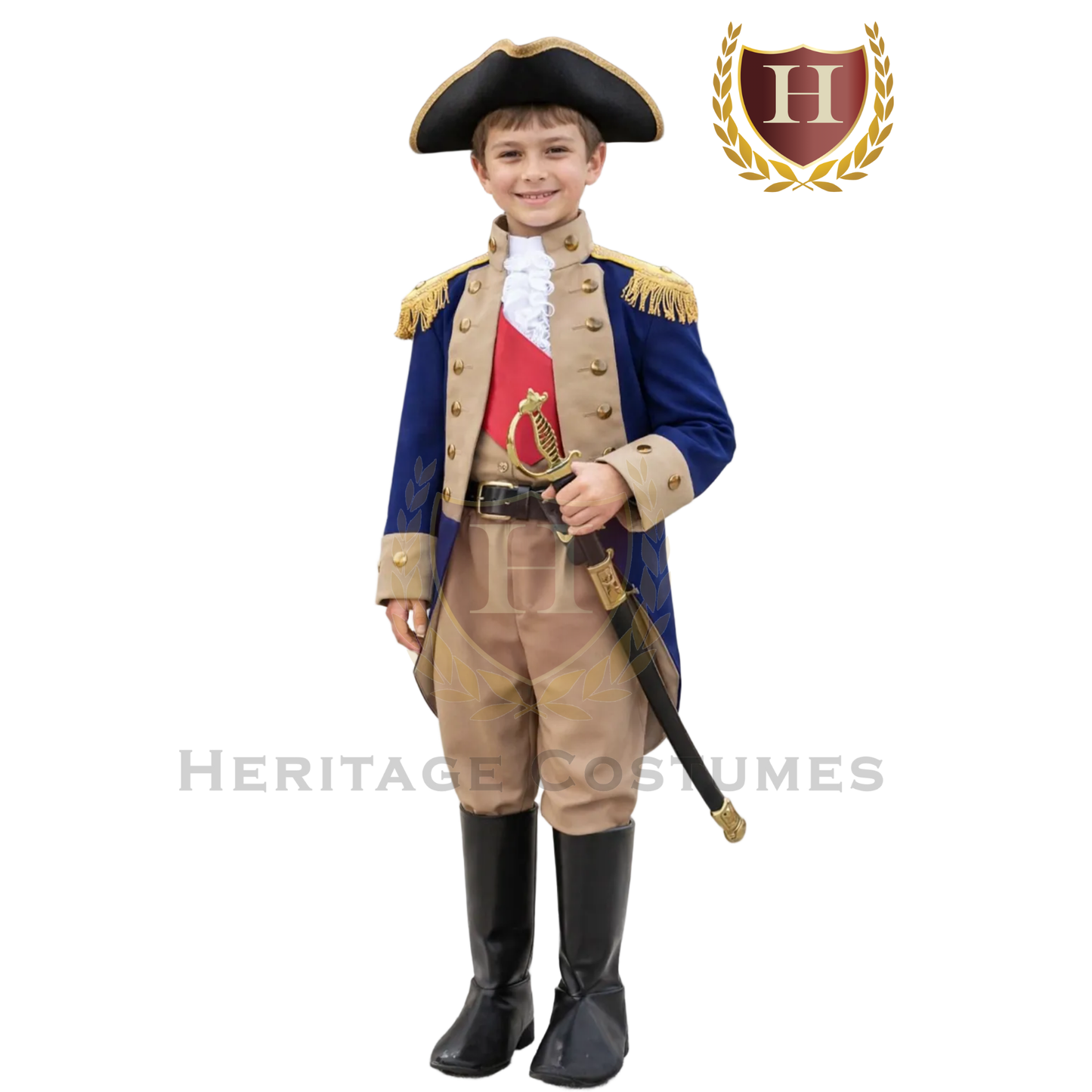 Child wearing a Benedict Arnold Revolutionary War officer costume, American colonial military uniform.