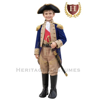 Child wearing a Benedict Arnold Revolutionary War officer costume, American colonial military uniform.
