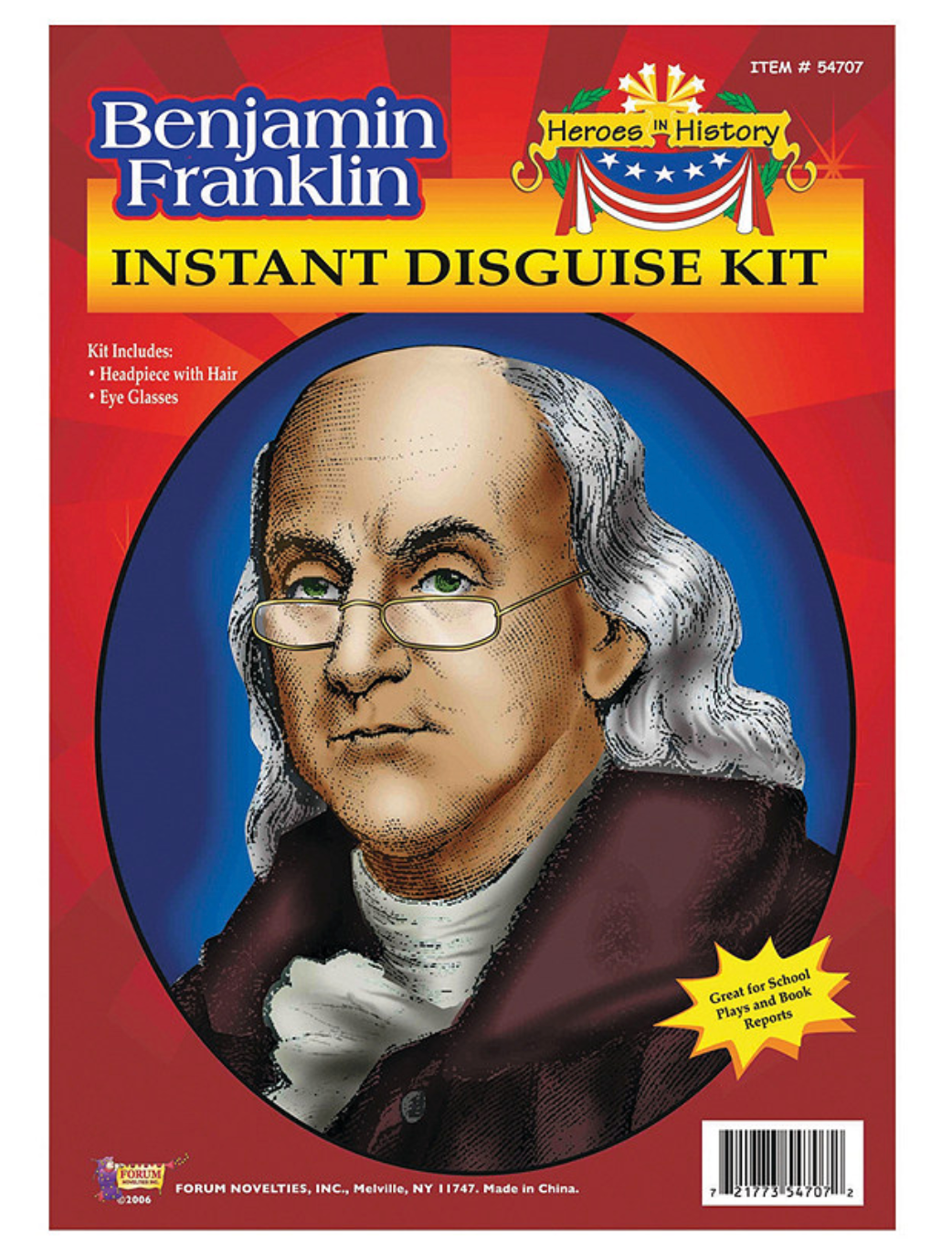 Benjamin Franklin historical roleplay accessory kit featuring a balding headpiece with attached hair and gold wire-frame eyeglasses, perfect for educational events, history fairs, or reenactments.
