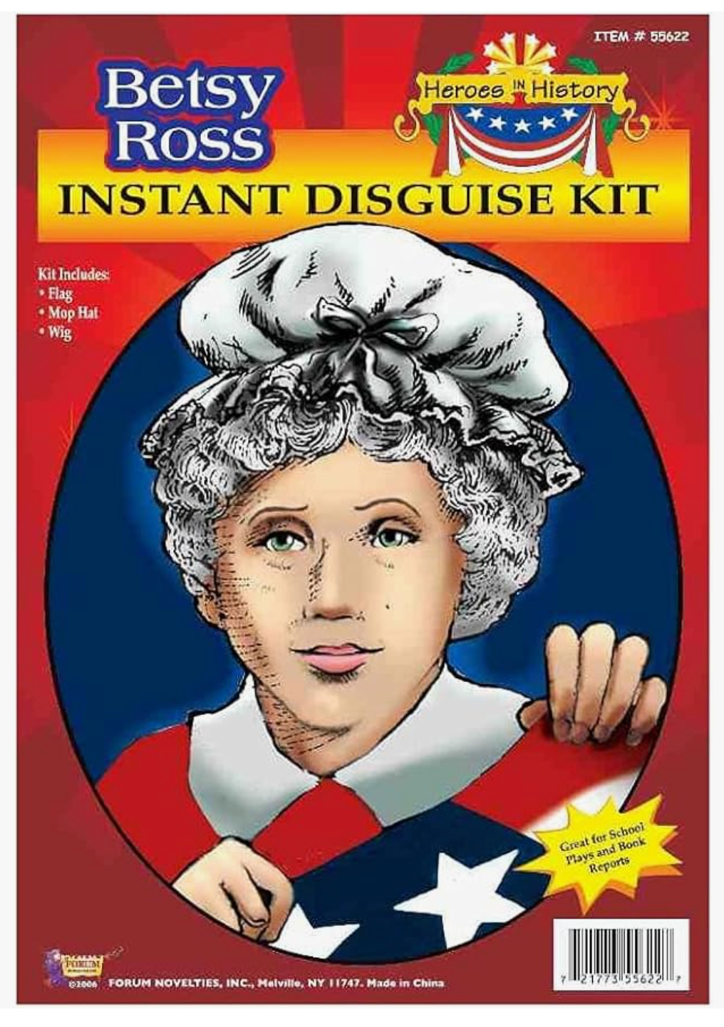 Betsy Ross historical roleplay accessory kit featuring a colonial-style hat, wig, and an American flag, perfect for patriotic celebrations, historical reenactments, or educational events.
