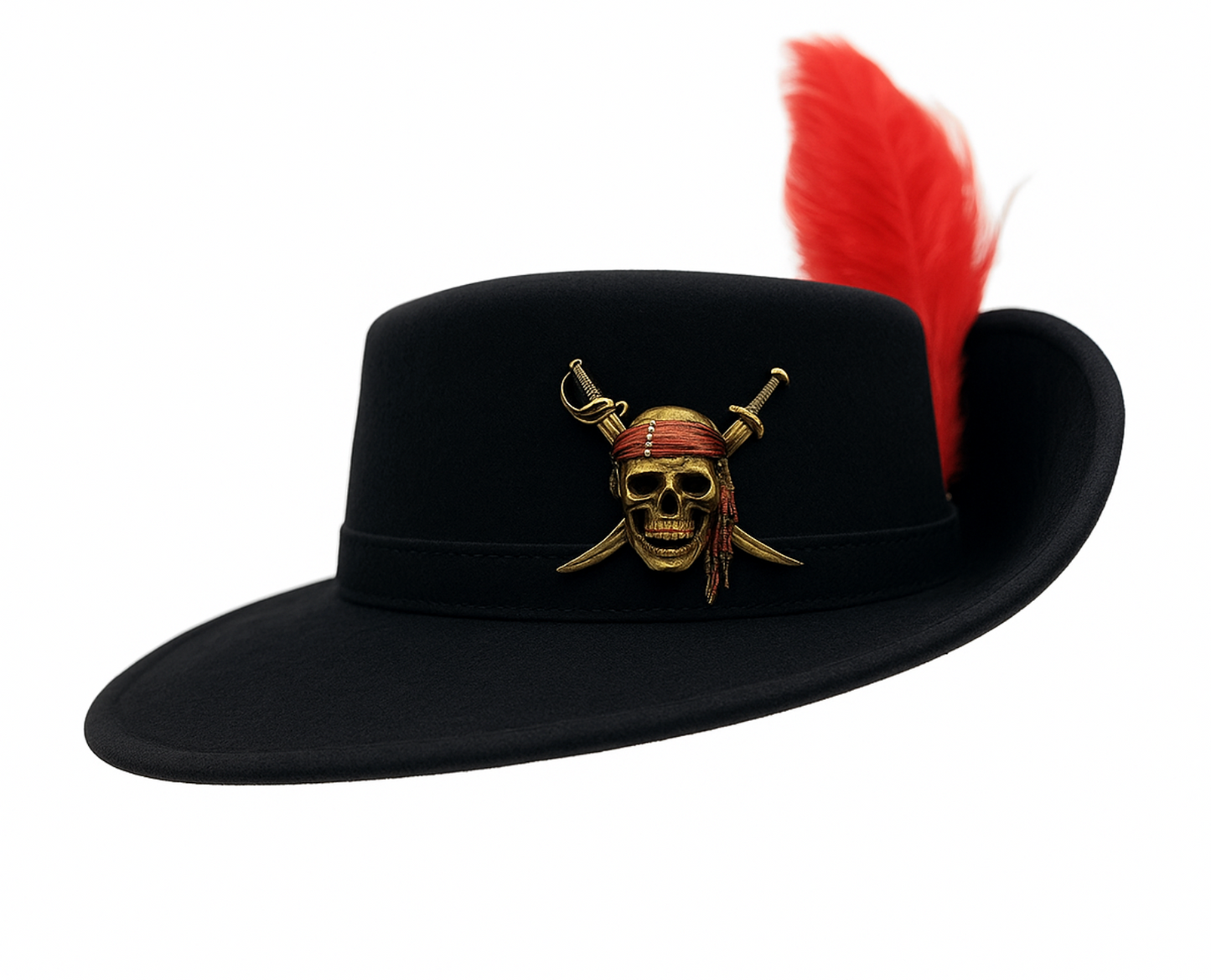Front view of a black flat top pirate hat featuring a tricorn shape, gold trim, and a decorative button with feather accent.