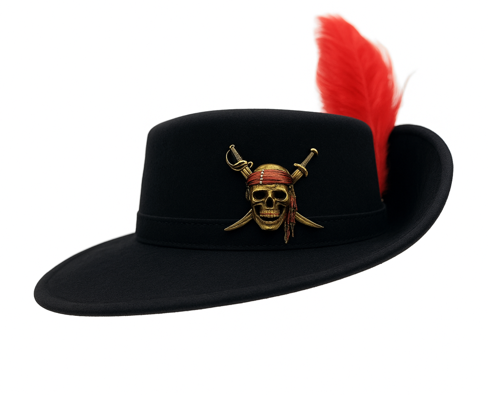 Front view of a black flat top pirate hat featuring a tricorn shape, gold trim, and a decorative button with feather accent.