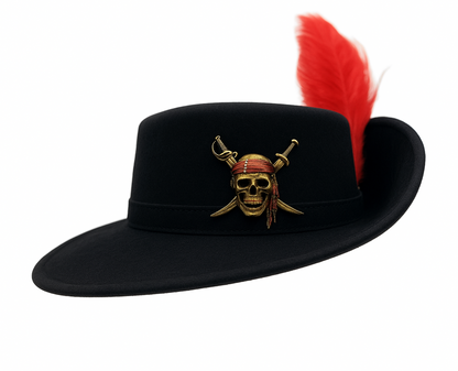 Front view of a black flat top pirate hat featuring a tricorn shape, gold trim, and a decorative button with feather accent.