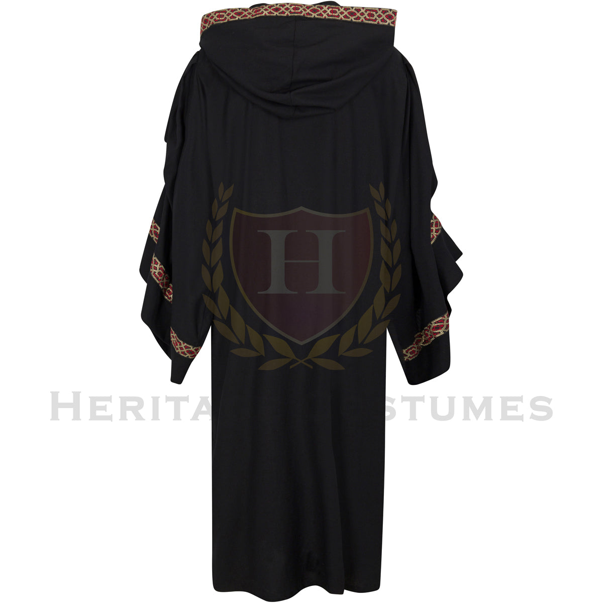 This is a back view of the black adult Celtic hooded robe, which showcases its long, flowing silhouette, wide sleeves, and deep hood. It is ideal for medieval reenactments, fantasy cosplay, and Renaissance fair costumes.
