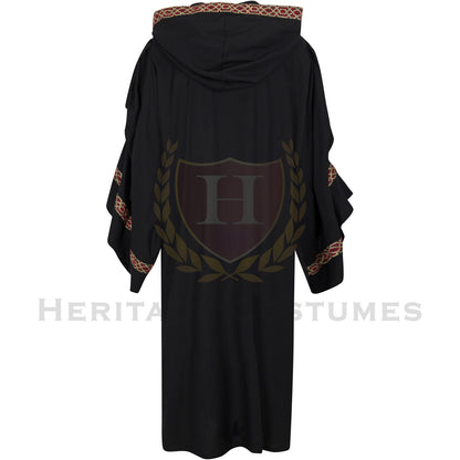 This is a back view of the black adult Celtic hooded robe, which showcases its long, flowing silhouette, wide sleeves, and deep hood. It is ideal for medieval reenactments, fantasy cosplay, and Renaissance fair costumes.