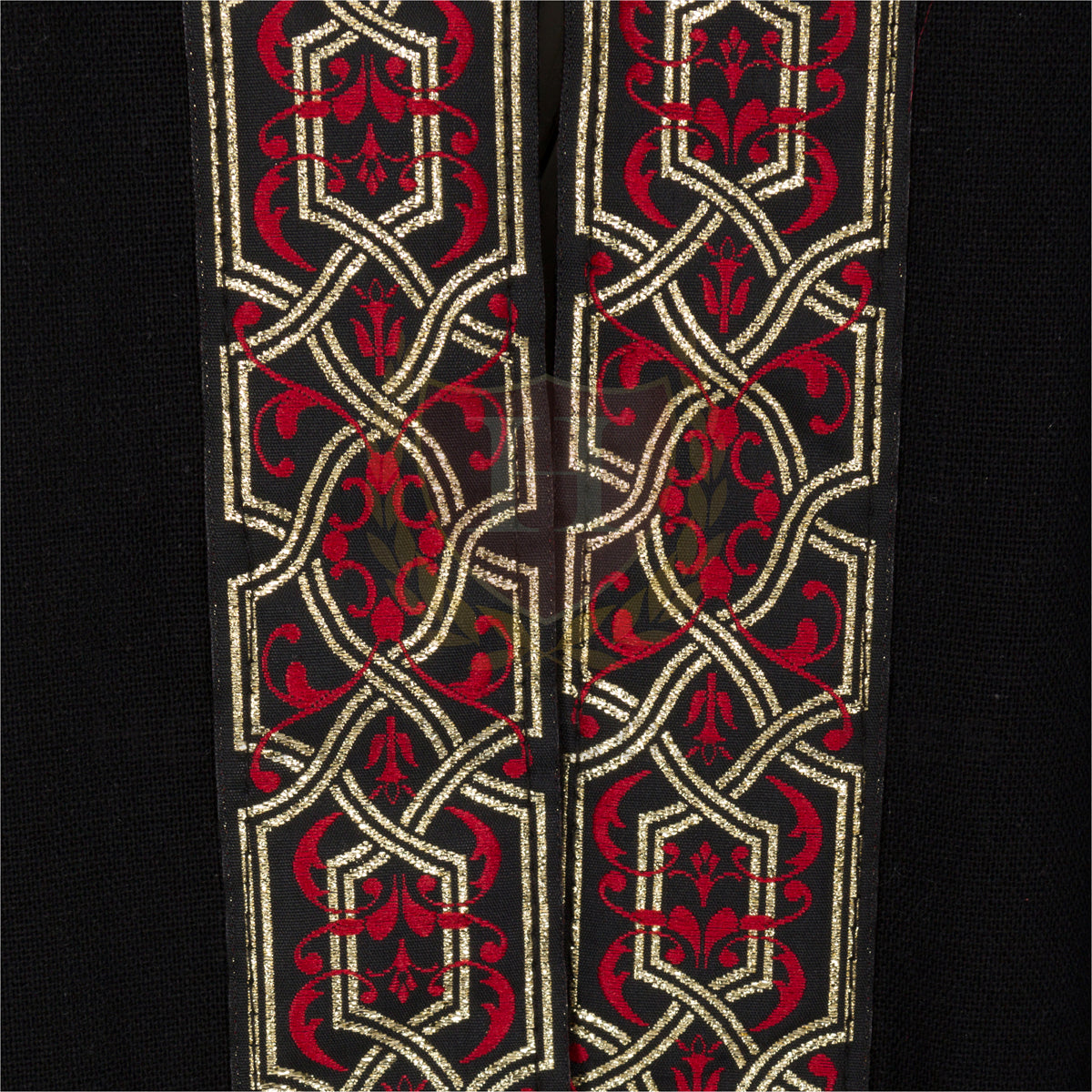 Close-up view of the decorative trim on the black adult Celtic hooded robe, highlighting the intricate pattern and craftsmanship. Perfect for adding authenticity to medieval, fantasy, or Renaissance-themed costumes.