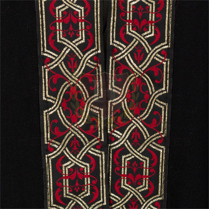 Close-up view of the decorative trim on the black adult Celtic hooded robe, highlighting the intricate pattern and craftsmanship. Perfect for adding authenticity to medieval, fantasy, or Renaissance-themed costumes.