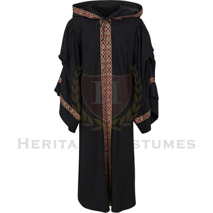 Front view of the black adult Celtic hooded robe with the hood down, featuring flowing sleeves and a dramatic medieval-inspired design. Perfect for Renaissance fairs, fantasy cosplay, theatrical performances, and historical reenactments.