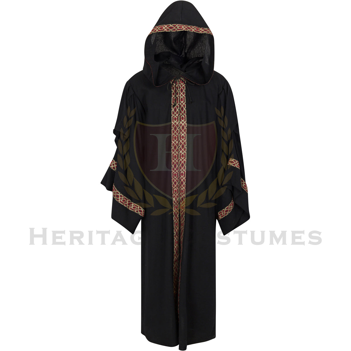 This is a front view of the black adult Celtic hooded robe with the hood up. It features flowing sleeves and a dramatic medieval-inspired design. It is perfect for Renaissance fairs, fantasy cosplay, theatrical performances, and historical reenactments.