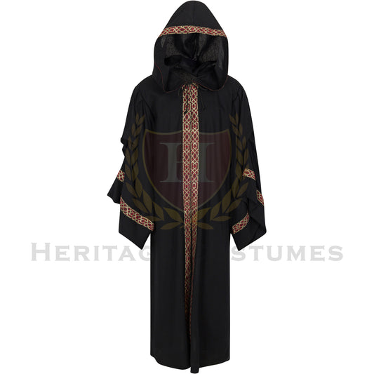 This is a front view of the black adult Celtic hooded robe with the hood up. It features flowing sleeves and a dramatic medieval-inspired design. It is perfect for Renaissance fairs, fantasy cosplay, theatrical performances, and historical reenactments.