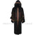 This is a front view of the black adult Celtic hooded robe with the hood up. It features flowing sleeves and a dramatic medieval-inspired design. It is perfect for Renaissance fairs, fantasy cosplay, theatrical performances, and historical reenactments.