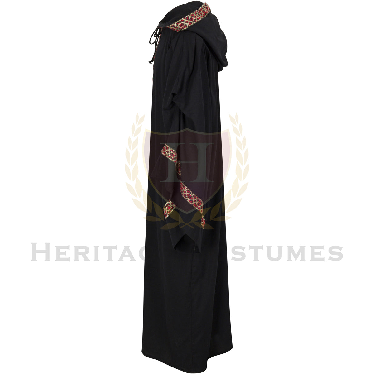 Side view of the black adult Celtic hooded robe, showcasing its long flowing silhouette, wide sleeves, and deep hood. Ideal for medieval reenactments, fantasy cosplay, and Renaissance fair costumes.