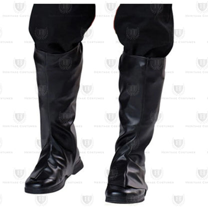 Black Boot Tops made from vinyl fabric, designed to be worn over shoes to replicate the look of knee-high military boots, perfect for historical reenactments, Civil War uniforms, and theatrical performances.