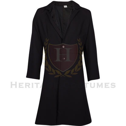 Front view of a Black Children's Victorian Frock Coat, featuring a classic 19th-century design with velvet collar detailing, perfect for historical reenactments, theatrical performances, and Victorian-themed costumes.