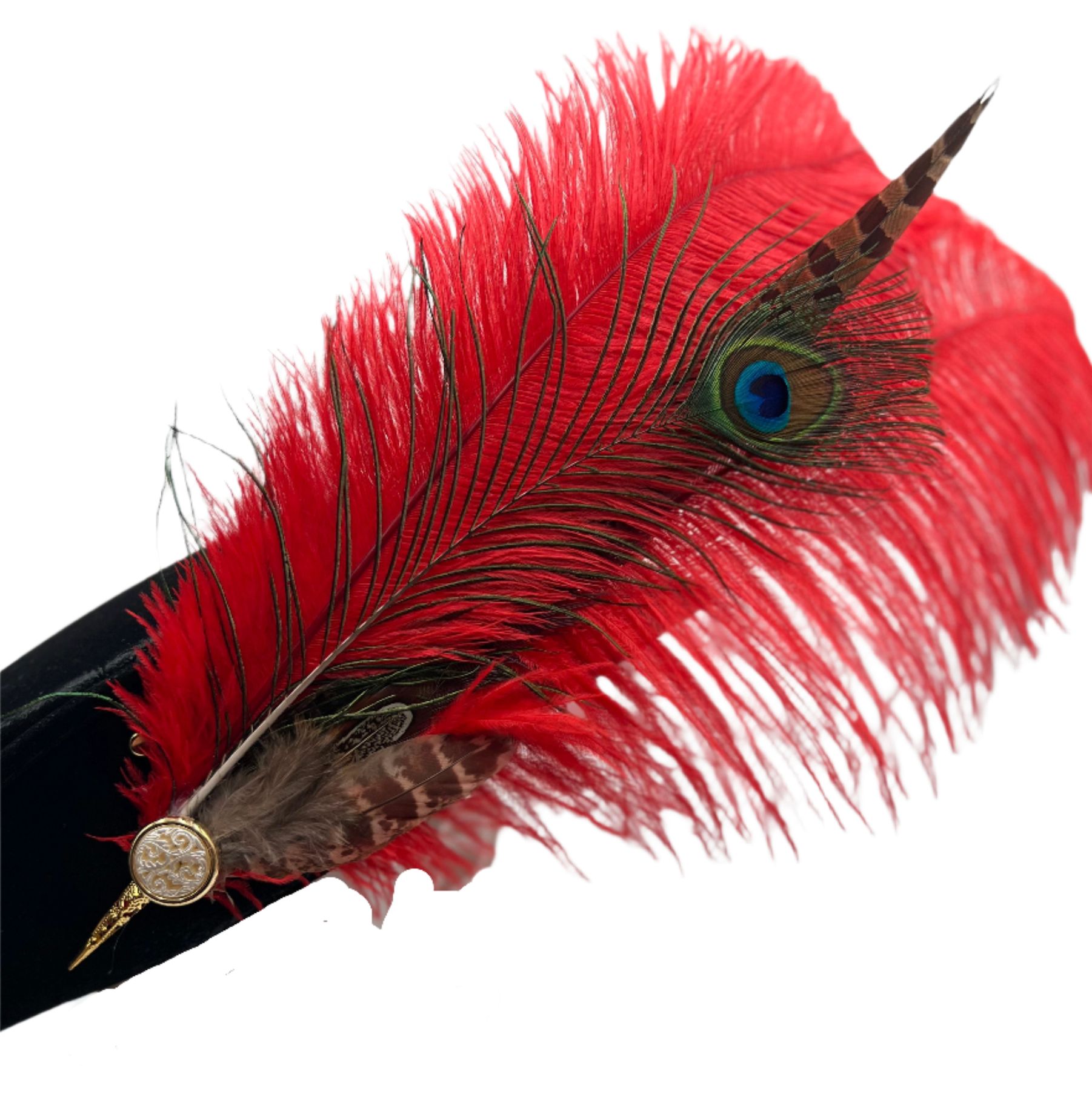 Close-up view of the black flat top pirate hat showing the feather detail with a gold filigree button securing the feather to the side of the crown.