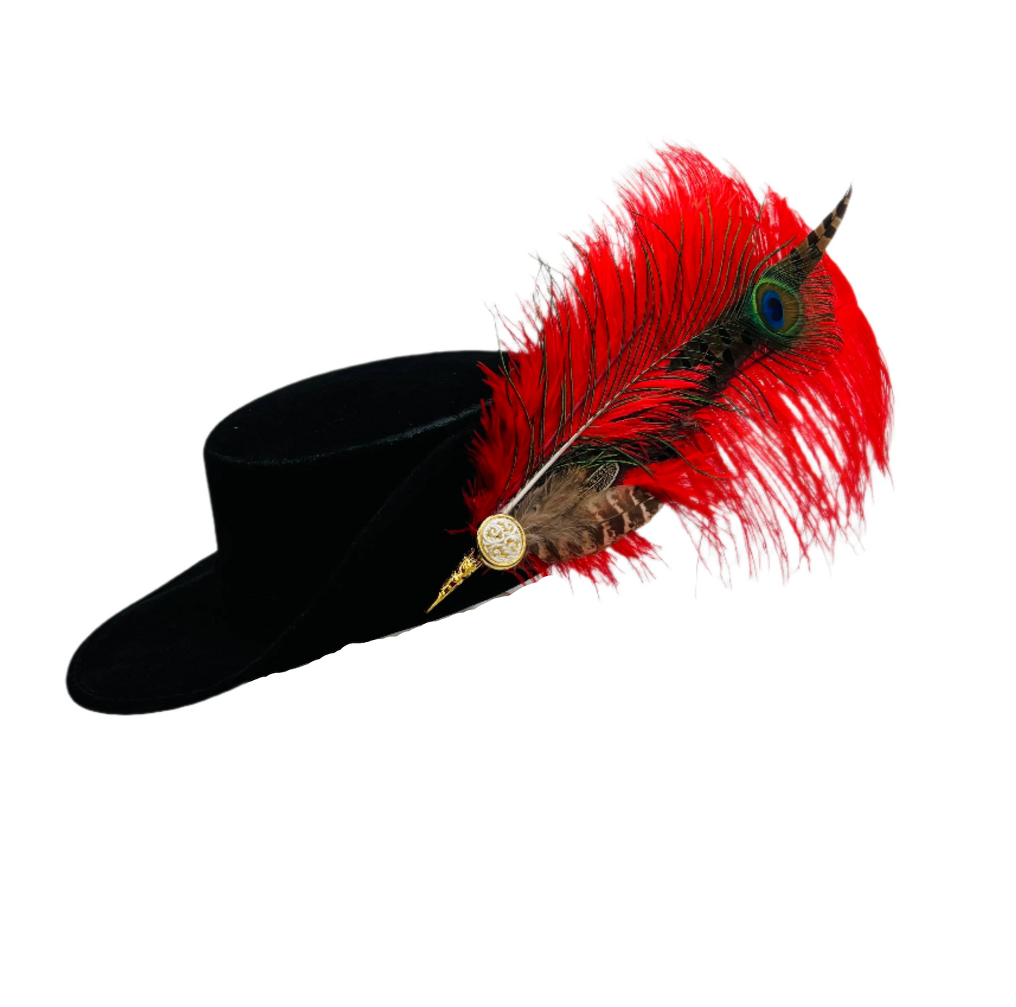 Side view of a black flat top pirate hat featuring a tricorn shape, gold trim, and a decorative button with feather accent.
