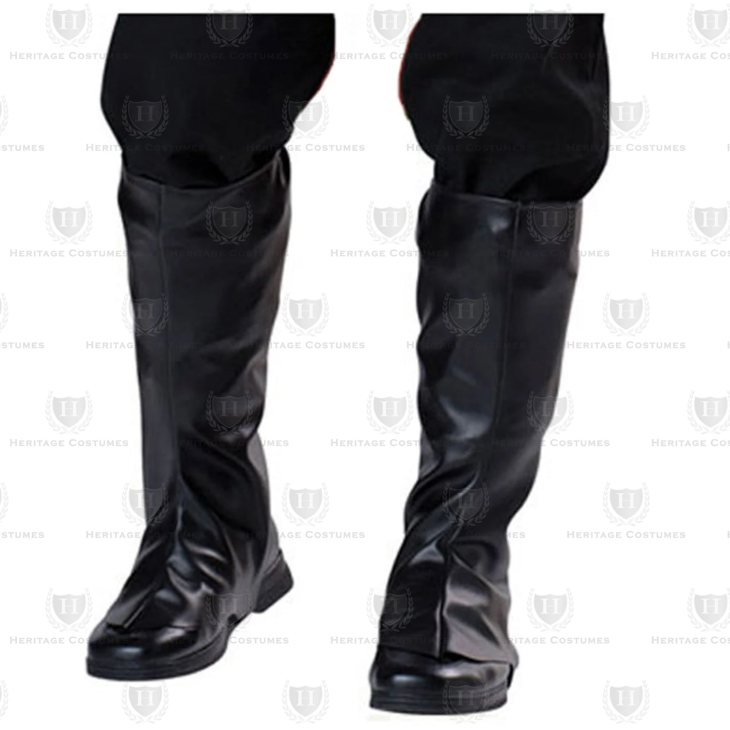 Black military boot spats made from durable vinyl fabric with elastic straps, designed to fit over shoes and provide the appearance of knee-high boots, ideal for historical costumes and reenactments.